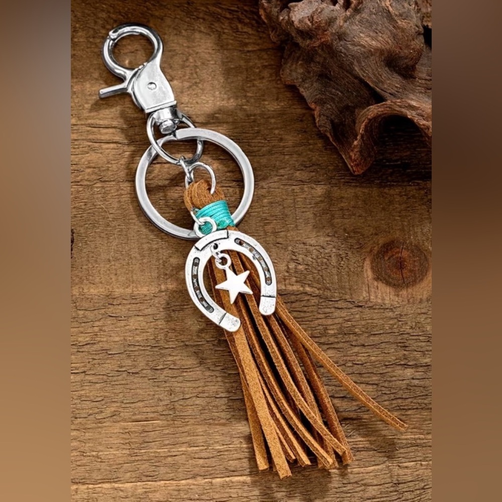Western Bag Charm Brown with Silver Horseshoe Charm - Picture 2 of 3